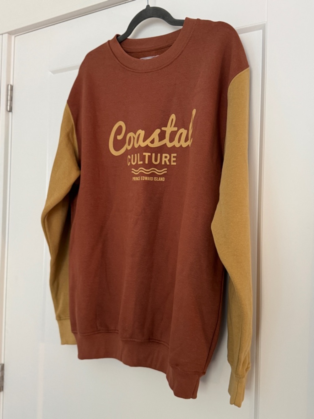 Coastal Culture Two-Tone Crewneck Sweater in Rust and Mustard